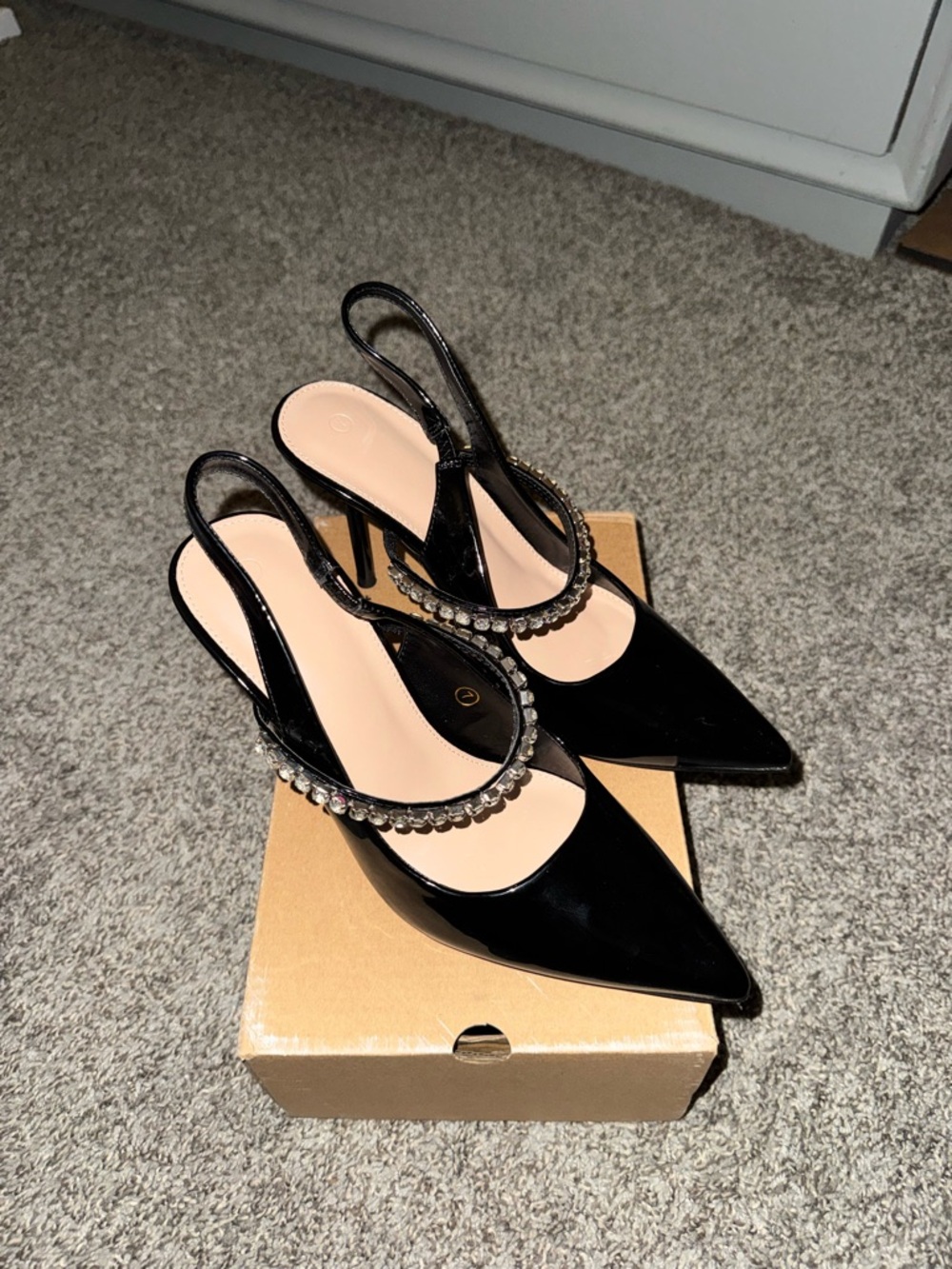 Black Patent Pointed leather Heels with Rhinestone Strap